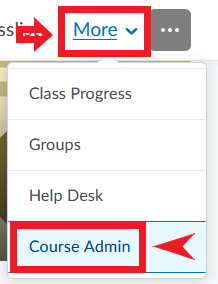 Selecting the Course Admin link from the More menu in D2L