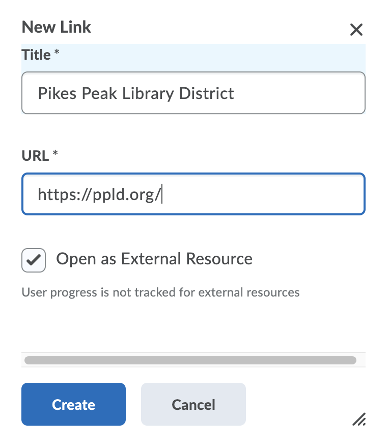 New Link title, url and open as external resource checkbox