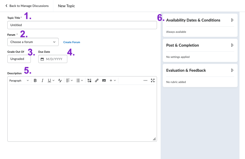 Screenshot of create discussion topic fields