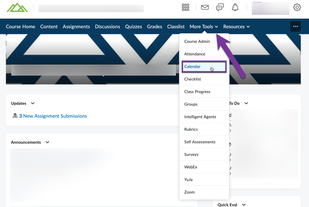 screenshot showing the calendar link from the more tools menu
