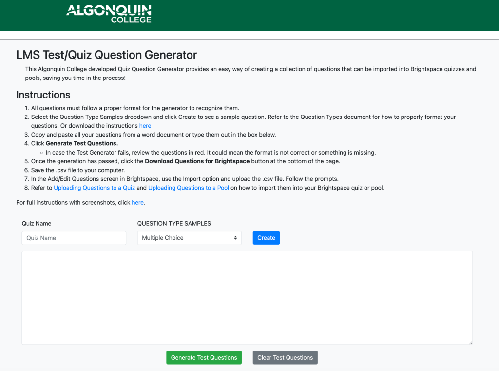 screenshot of the lms test quiz question generator by algonquin college