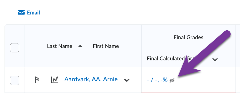 screenshot of eye icon crossed out next to student name in Grades