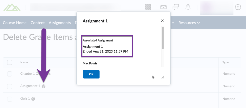 clicked on question mark icon to view the associated assignment.