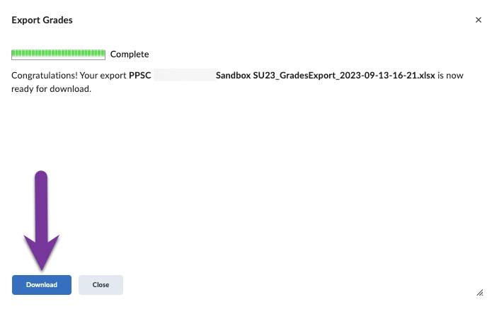 export grades window showing completed progress bar