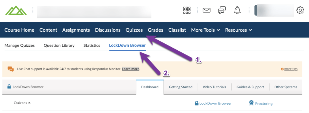 screenshot of quizzes link and lockdown browser tab