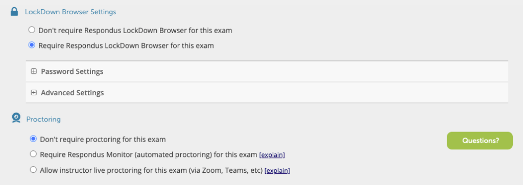 screenshot of lockdown browser, Respondus monitor, and Respondus live proctoring options