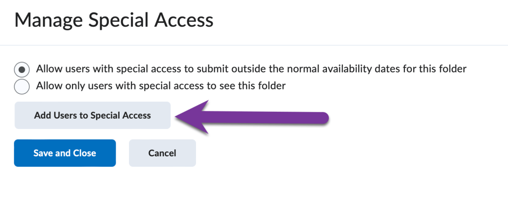 Add users to special access button