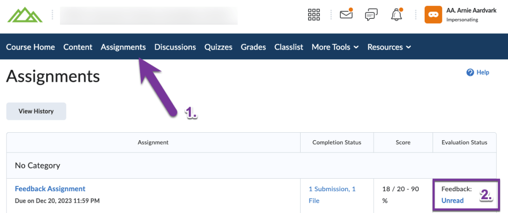 evaluation status column and feedback is showing as unread