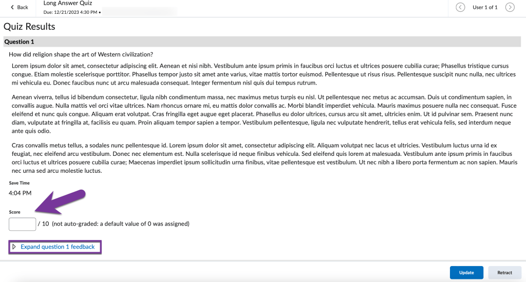 score field highlighted. expand question 1 feedback also highlighted.