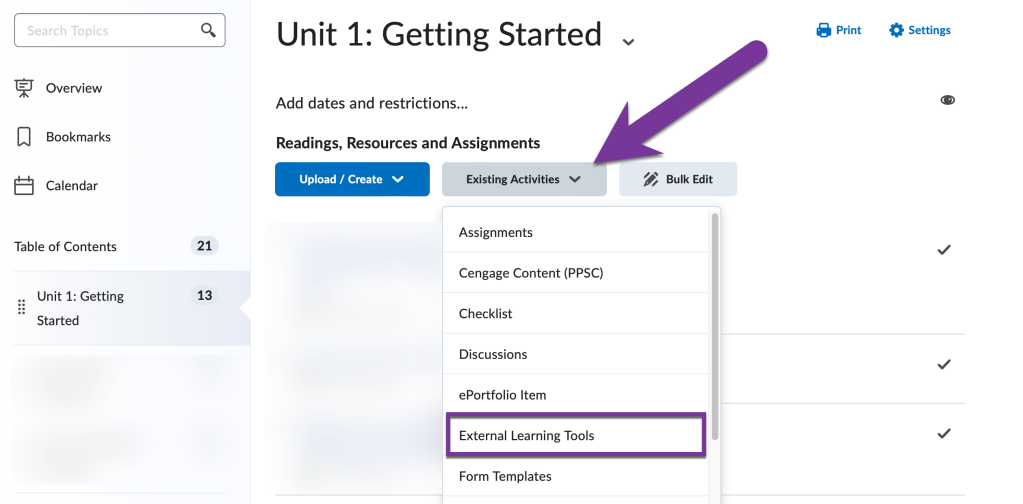 screenshot showing existing activities button and external learning tools menu link