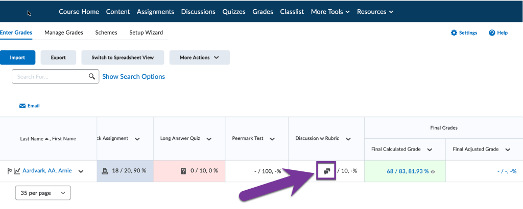 discussion icon from grades area