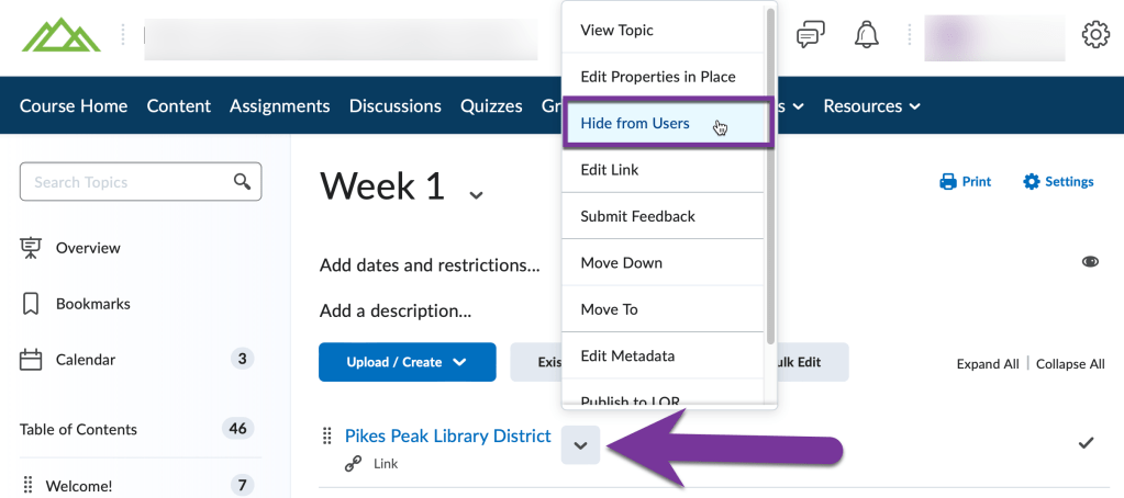 hide from users link on menu