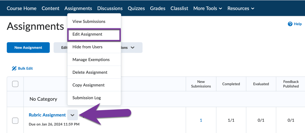 context menu for an assignment is open and Edit assignment is highlighted
