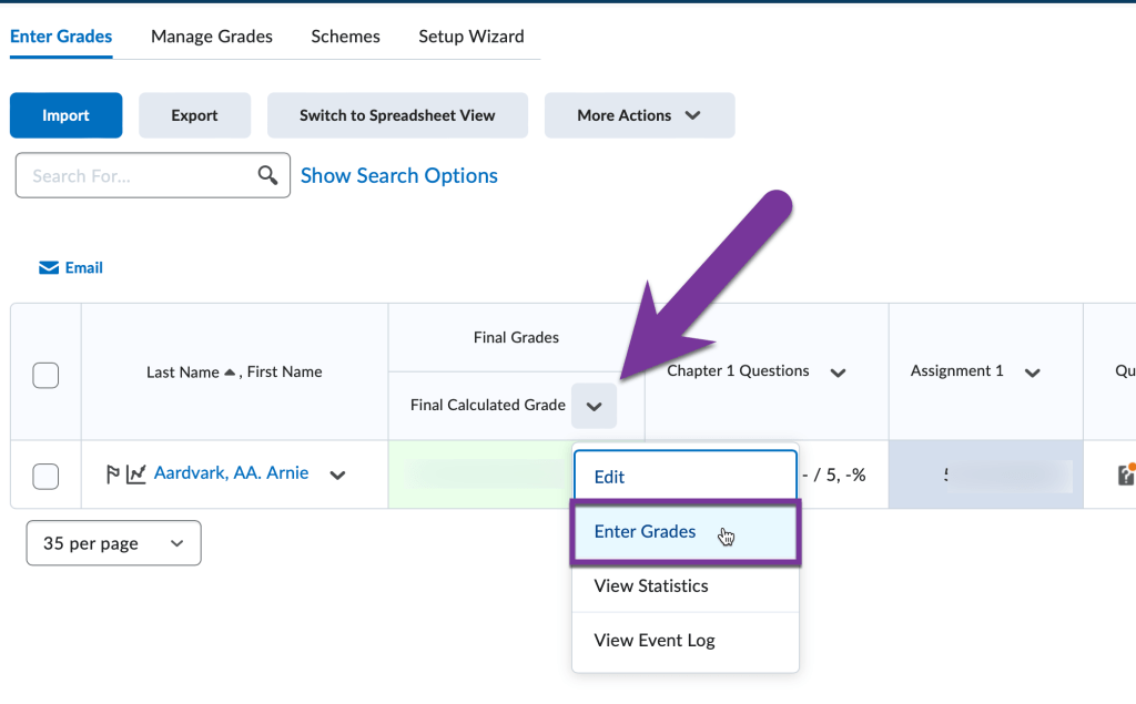 context menu for final calculated grade column is open and enter grades is highlighted