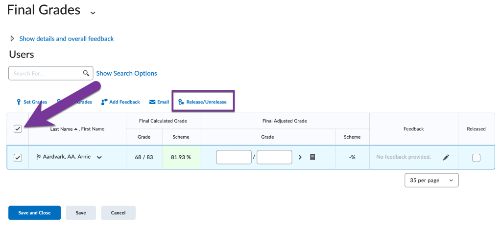 all students are selected and the release/unrelease option is highlighted