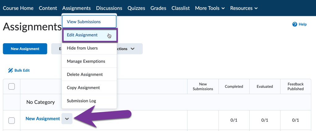 Context menu for assignment is open and edit assignment is highlighted