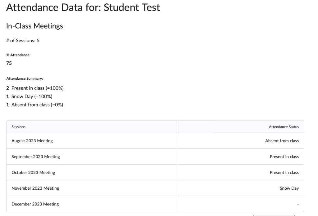 screenshot showing attendance entered for the test student