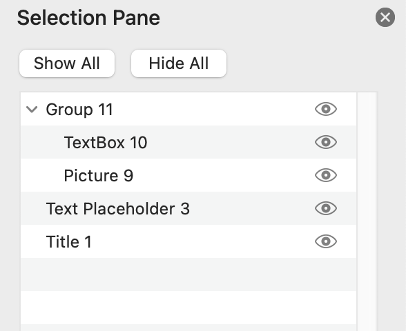 screenshot of the selection pane