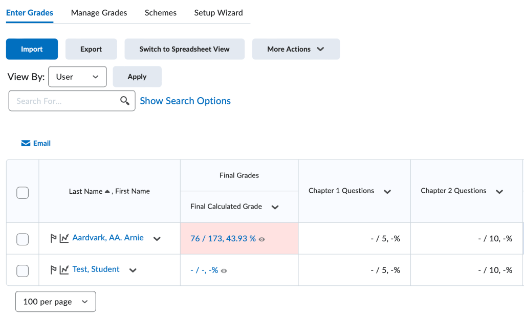 reordered gradebook with chapter 1 questions before chapter 2