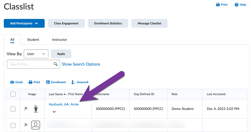 screenshot of classless with names hyperlinked