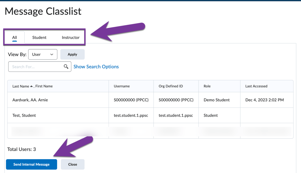 screenshot of message classlist screen with tabs and send internal message highlighted