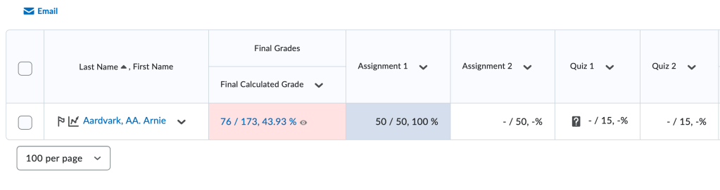 screenshot of gradebook with many columns