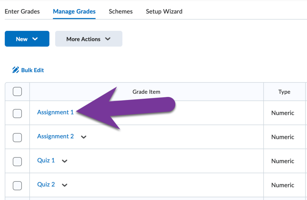 screenshot showing the titles of grade items from the manage grades menu