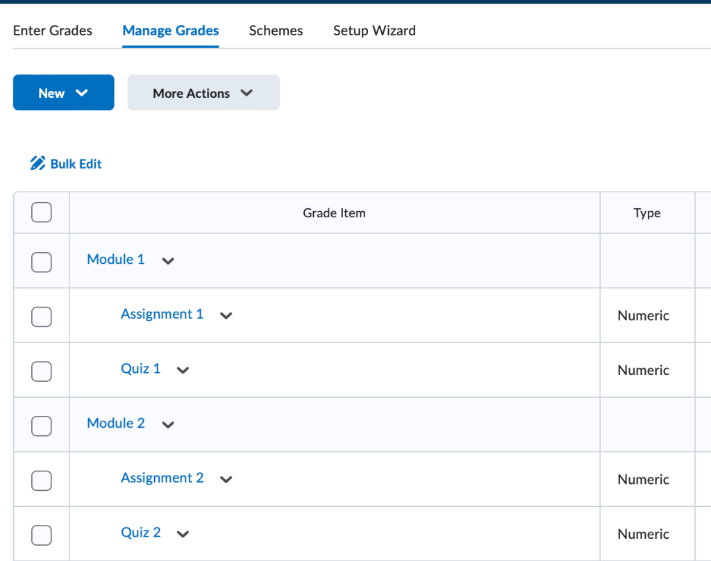 screenshot of gradebook from manage grades menu