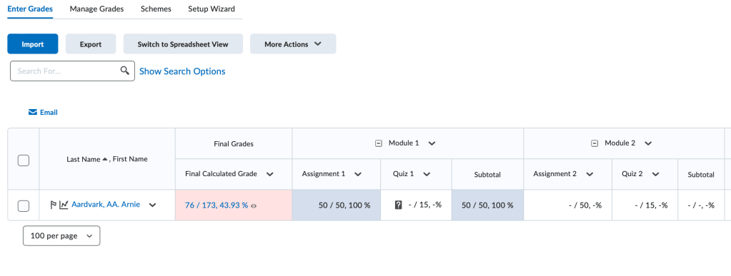 screenshot of enter grades gradebook