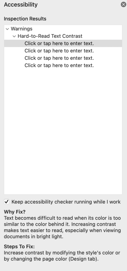 Additional Information panel, in the Accessibility Checker