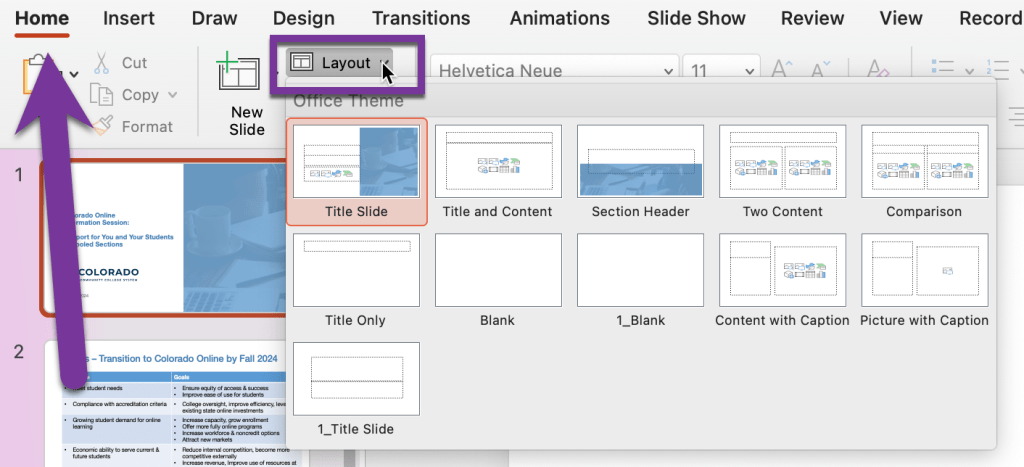 screenshot of home tab and layout highlighted