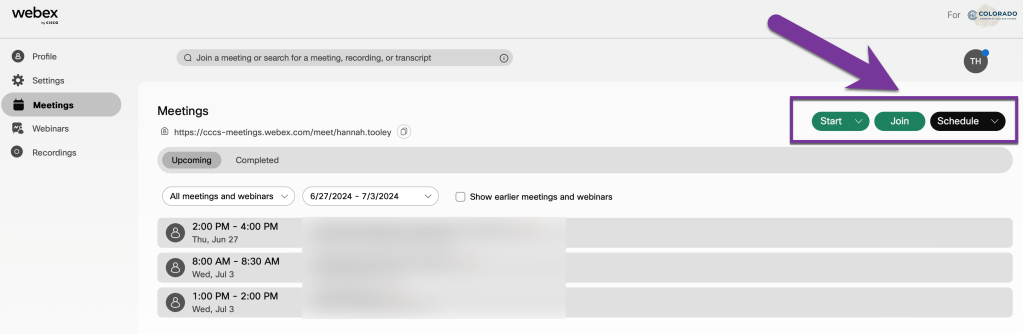 screenshot of Webex dashboard. The start, join, and schedule buttons are highlighted.