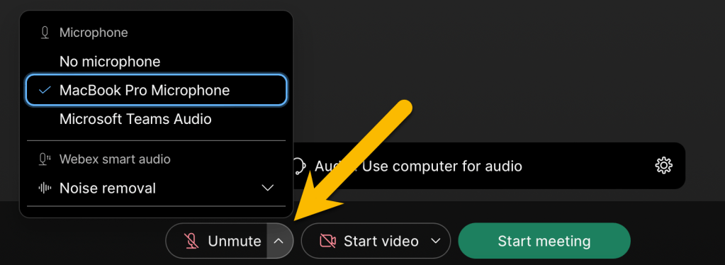 screenshot of Webex microphone settings