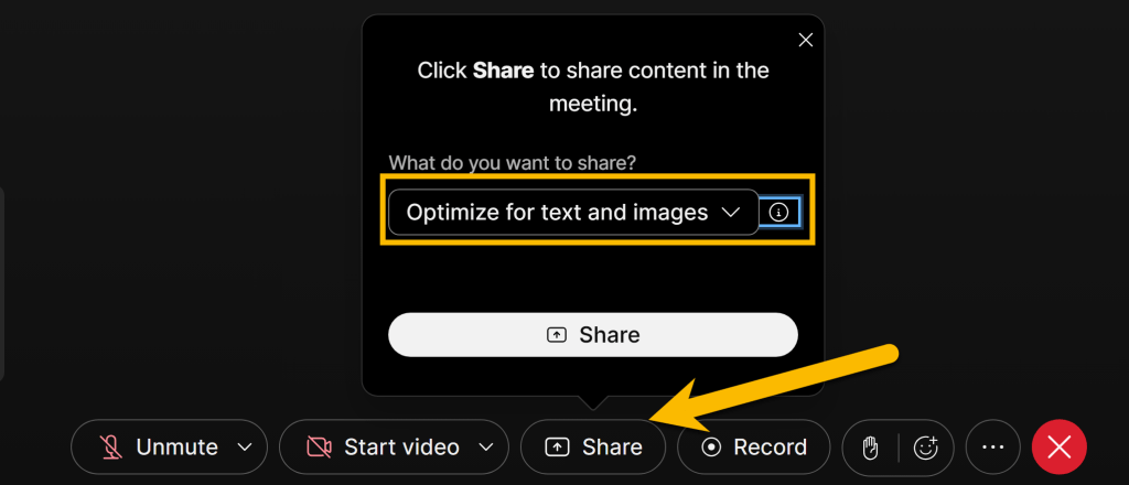 screenshot of Webex share settings