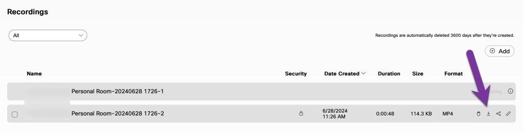 screenshot of download button in Webex recordings