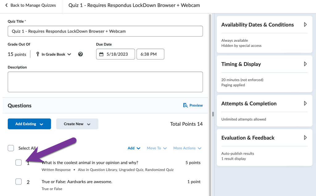 edit quiz screen with check boxes highlighted