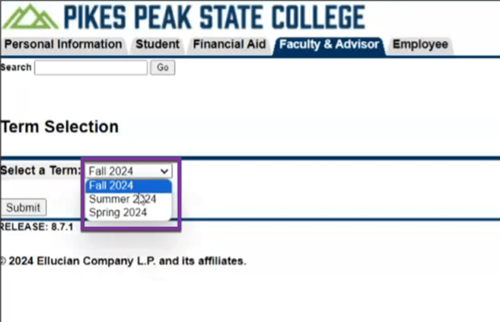 screenshot of select a term menu