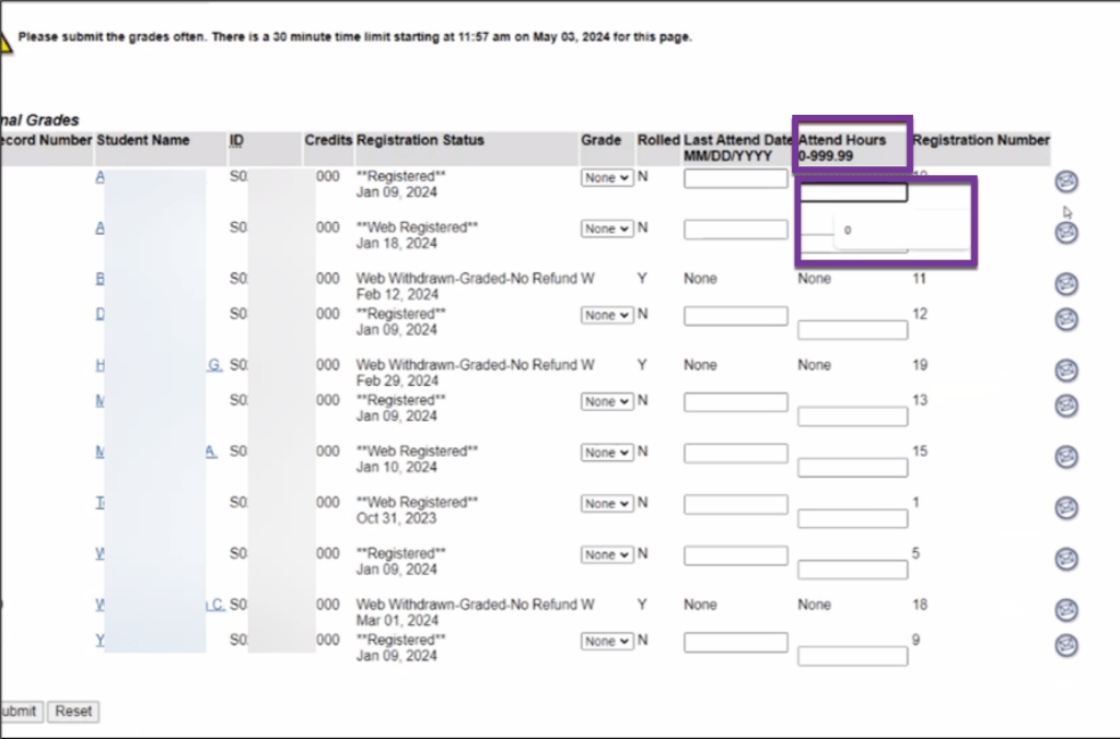 screenshot of attend hours column