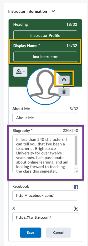 screenshot of editable fields in the instructor widget