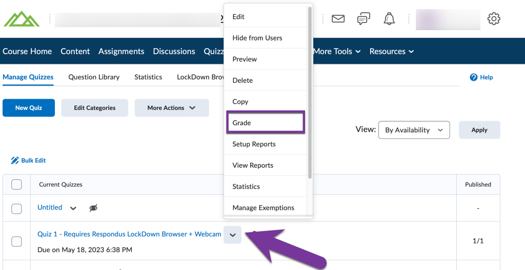 screenshot of quiz context menu with grade highlighted