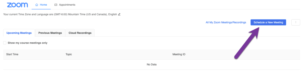 zoom meetings window with schedule a new meeting highlighted