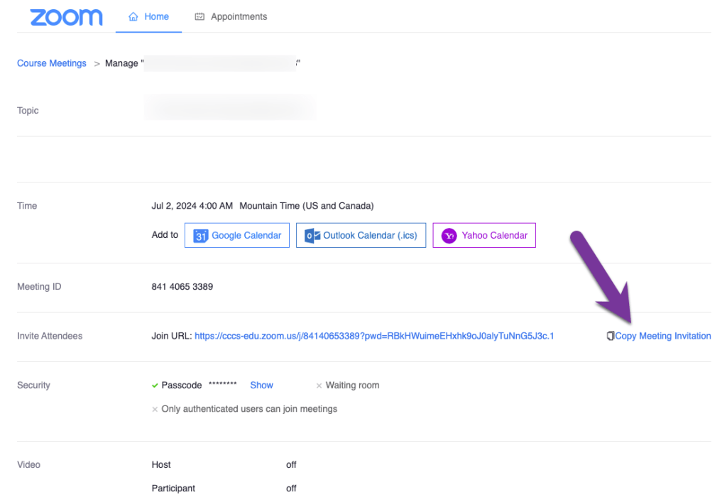 screenshot of zoom meeting with copy meeting invitation highlighted.