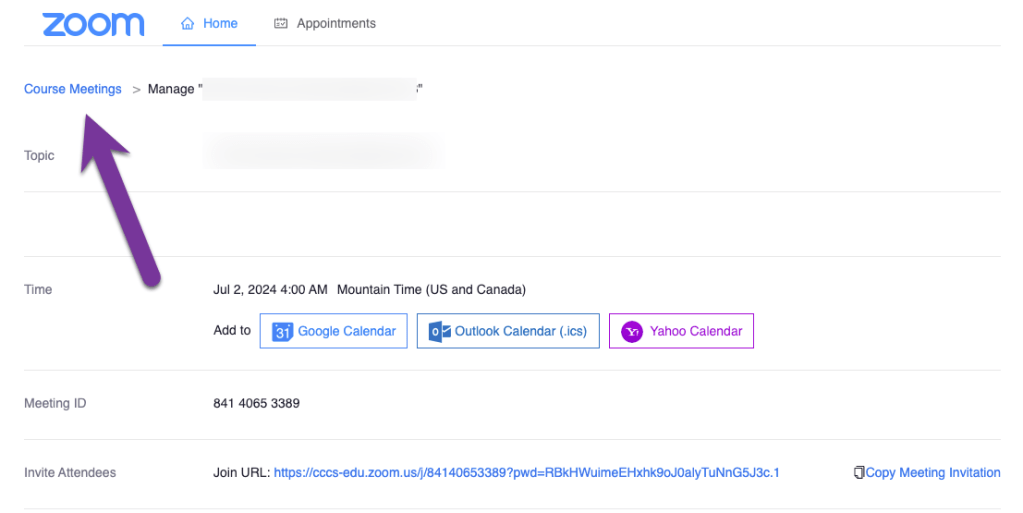 screenshot of course meetings breadcrumbs link