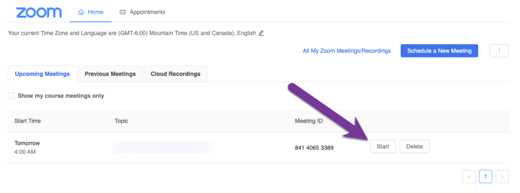 screenshot of start meeting button
