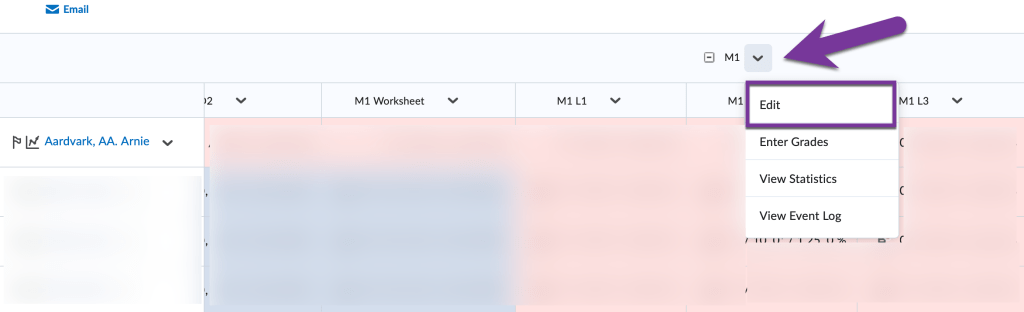 screenshot of grade category with menu open and edit option highlighted