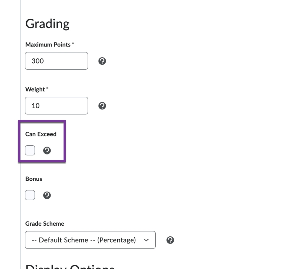 screenshot of can exceed box under the grading section settings