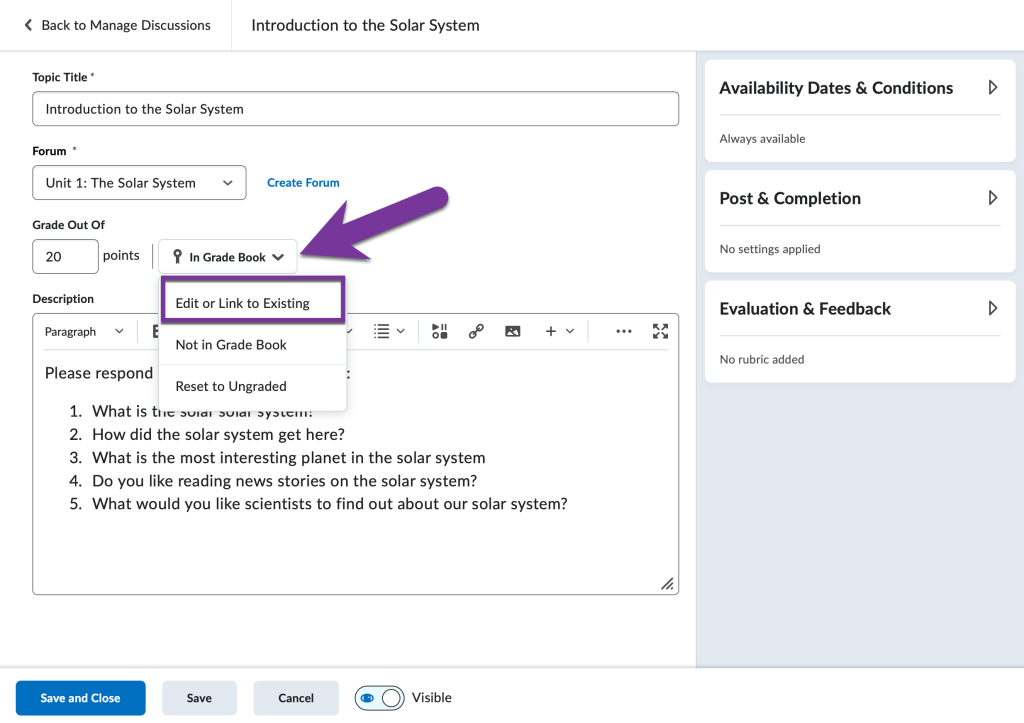 edit or link to existing option highlighted from the gradebook menu.