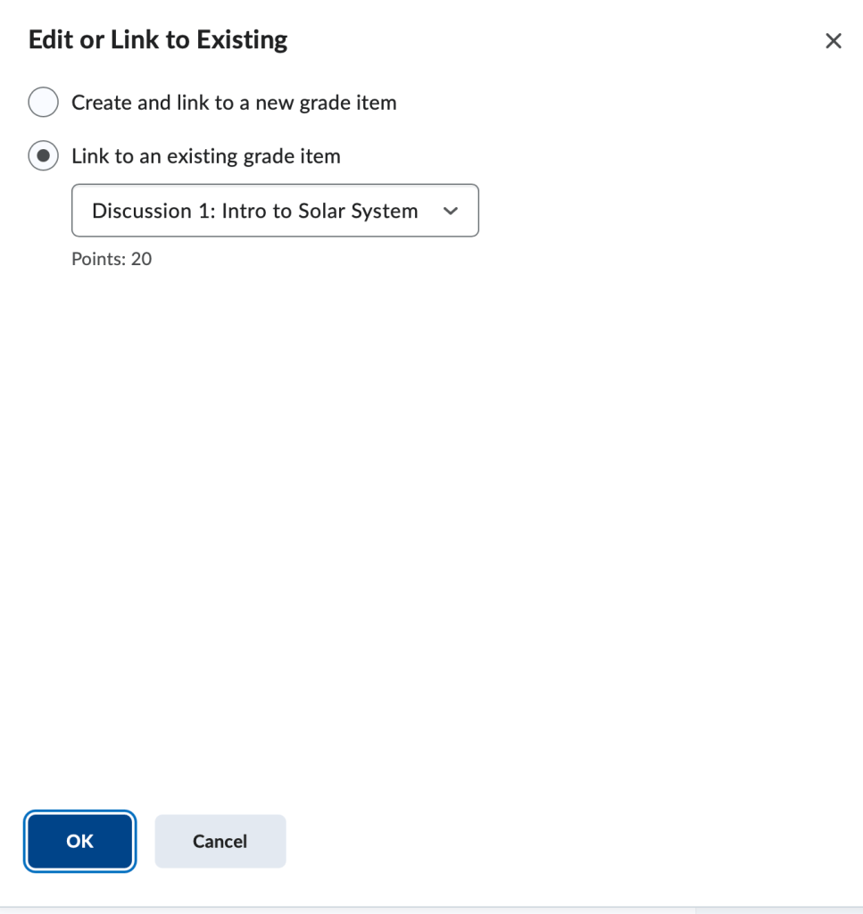 options to create new grade item or link to existing grade item