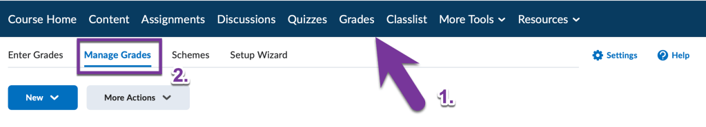 screenshot of manage grades tab