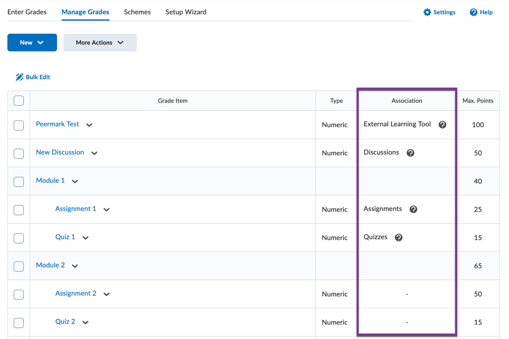 grade association column highlighted on the manage grades screen